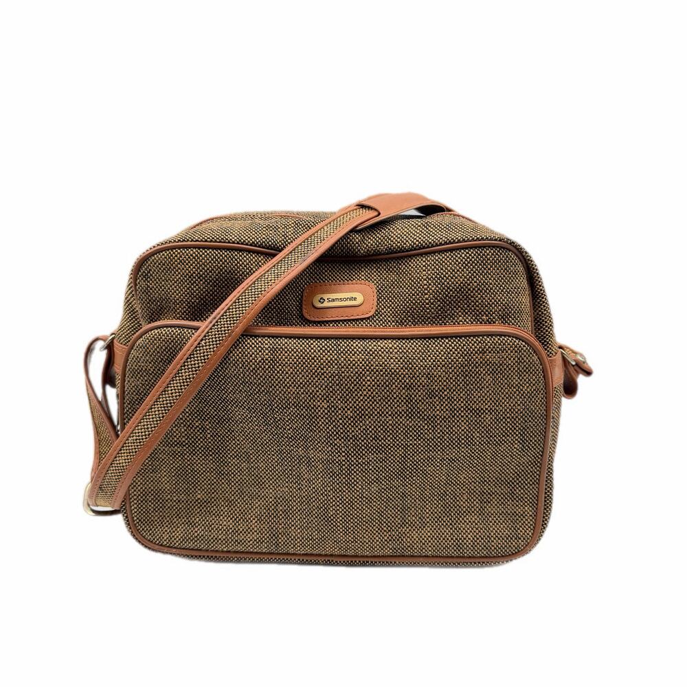 Vtg 70s Samsonite Tweed Woven Brown Carry On Travel Luggage Shoulder Strap Bag